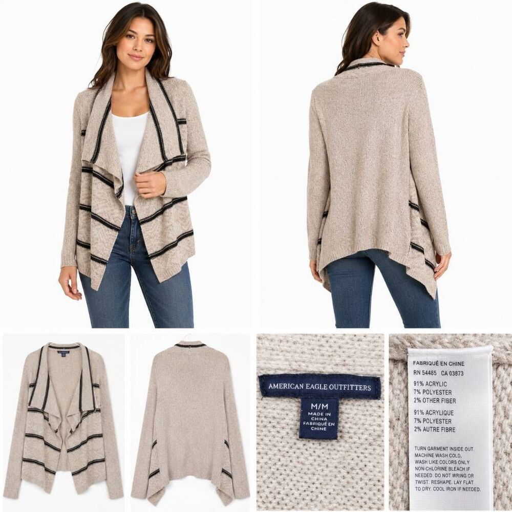 American Eagle Open Front Cardigan Sweater Size M Beige Tribal Stripe Waterfall